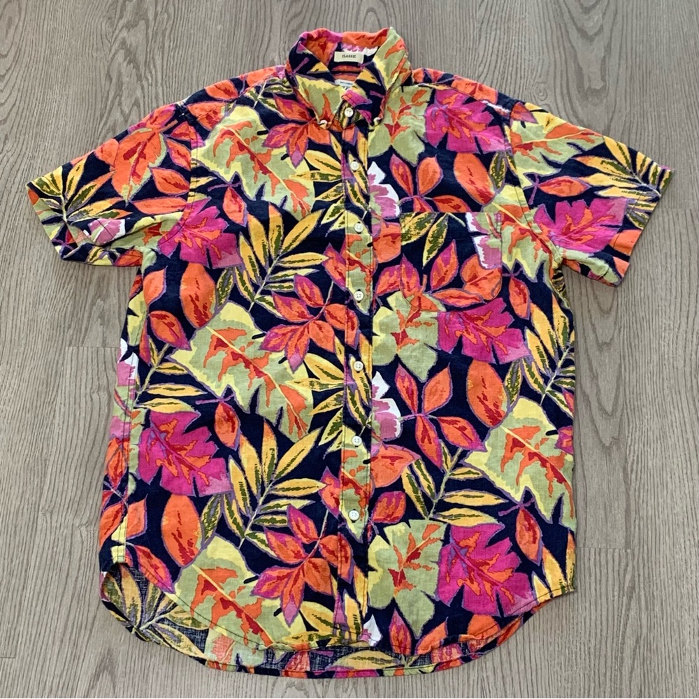 J. Crew 100% Linen Classic Button Up Shirt Multicolor Floral Short Sleeve Small